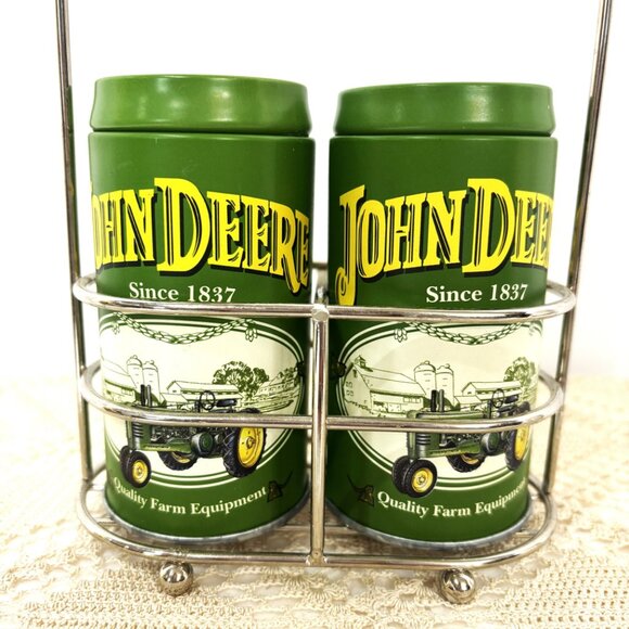John Deere Metal Salt and Pepper Shaker Set w/ Caddy EUC - Picture 5 of 11